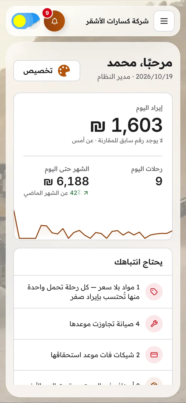كسّارة على الجوال: إيراد اليوم ورحلاته، والأشياء اللي بتحتاج انتباهك